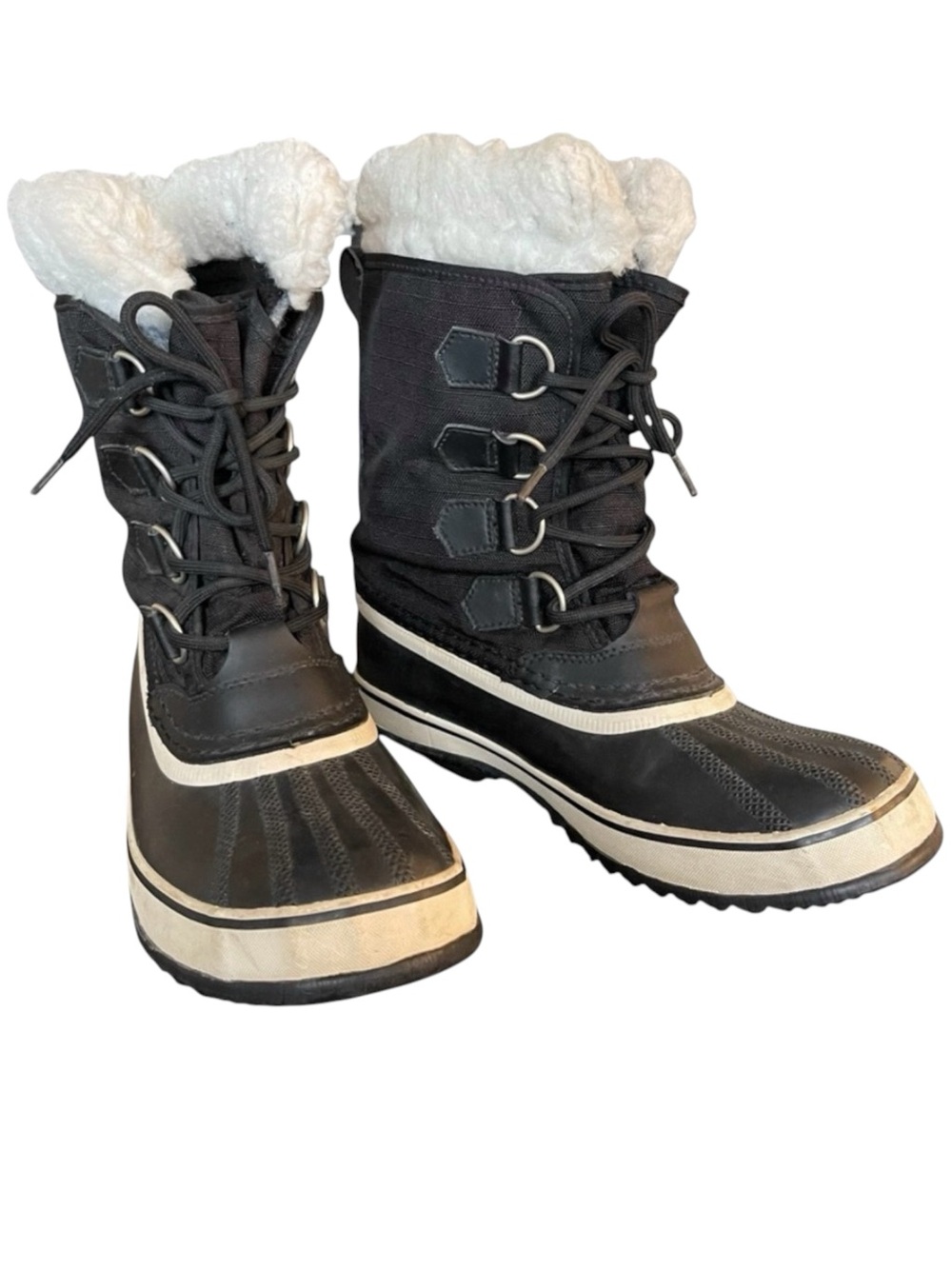 Sorel Black/White Winter Carnival Waterproof Faux Shearling Lace Up Boots (7)